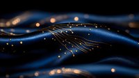 Elegant dark blue waves with glowing golden particles and flowing lines create luxurious abstract background pattern for sophisticated design projects.