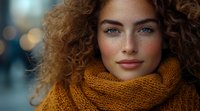 Young woman with natural curly hair and striking blue eyes wearing cozy mustard yellow knit scarf smiles warmly at camera against soft bokeh background.