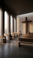 Modern minimalist chapel interior with wooden pews, tall arched windows, and wooden cross, suitable for religious architecture and worship space design projects.