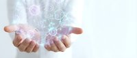 Hands presenting holographic digital network with glowing connections and data visualization elements for technology and innovation concepts.