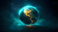Glowing planet Earth with luminous turquoise network connections and golden city lights against dark space background, showing Americas continent view.