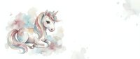 Watercolor unicorn with rainbow mane sitting on clouds in pastel colors, magical fantasy creature illustration isolated on white background for children's design.