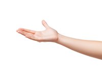 Female hand with open palm gesture isolated on white background, showing empty hand in welcoming or giving position, clean skin and natural manicure.