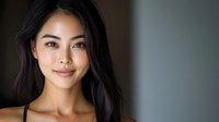 Young Asian woman with natural makeup and long dark hair smiling confidently against blurred background, professional portrait with soft lighting and copy space.
