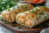 Crispy phyllo rolls filled with creamy salmon and herbs, garnished with fresh chives on wooden board, close up view of homemade appetizers.