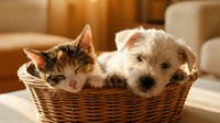 Adorable kitten and puppy sleeping together in wicker basket on warm sunny day. Cute pets friendship concept for home decor and animal lover designs.