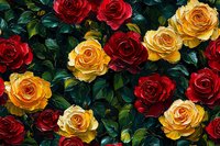Vibrant red and yellow roses bloom against dark green foliage creating dramatic contrast in garden setting, romantic floral composition for celebrations and decorative use.
