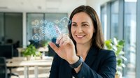 Professional businesswoman touching digital interface with technology icons in modern office environment for corporate presentations and business solutions.