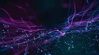 Abstract digital network with flowing purple and blue light streams connecting glowing nodes on dark background for technology and data visualization projects.