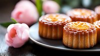 Traditional golden mooncakes with glossy glaze on dark plate beside soft pink tulips for Mid-Autumn Festival celebration and Asian cultural holidays.