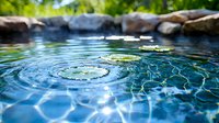 Tranquil blue water ripples with sunlight reflections and lily pads in natural pond, creating concentric circles from water drop. Zen garden atmosphere for wellness.
