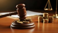 Wooden gavel and golden coins on desk with scales of justice in background representing legal fees, court costs, and financial litigation matters.