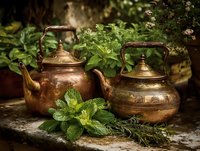 Vintage copper teapots with fresh mint leaves on rustic wooden surface surrounded by lush green garden herbs for traditional tea brewing and culinary use.