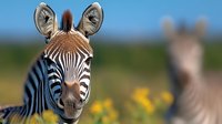 Close up portrait of zebra head with yellow wildflowers and blurred savanna background. African wildlife photography showing distinctive stripes and facial features.