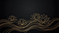 Elegant golden lotus flowers floating on flowing water waves against dark background for luxury spa wellness meditation design projects.