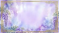 Watercolor purple floral frame with wisteria flowers and golden border on soft lavender background for wedding invitations and spring designs.