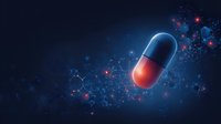 Glowing pharmaceutical capsule with blue and red halves surrounded by molecular structures on dark background for medical or healthcare concepts.