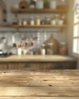 Rustic wooden table surface with blurred kitchen background featuring floating shelves and natural light, ready for product display or food photography.