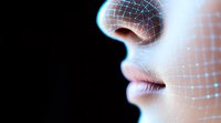 Digital face profile with glowing network grid overlay representing artificial intelligence, machine learning and futuristic technology concepts.