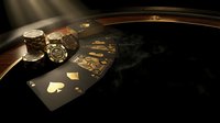 Luxury casino poker table with playing cards and chips in dramatic golden lighting for gambling entertainment design.