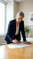 Professional blonde businesswoman in navy suit reviewing documents at wooden desk in modern office with natural light and plant.