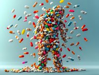 Colorful pills and capsules forming human silhouette shape against mint background, creative pharmaceutical concept showing medicine consumption impact.