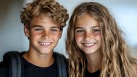 Young Caucasian teen siblings with bright smiles and natural expressions against blurred background, boy with curly blonde hair and girl with long wavy brown hair.