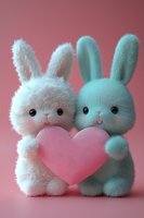 Adorable white and mint green plush bunnies holding pink heart together on rosy background, soft furry texture creates romantic Valentine's day mood.