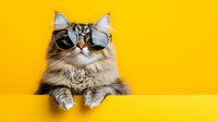 Fluffy long-haired cat wearing trendy sunglasses poses against vibrant yellow background, looking cool and stylish. Fun pet portrait showcasing personality and fashion.