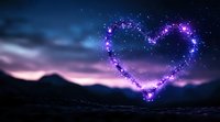 Magical heart shape formed by glowing stars and cosmic dust against dark mountain silhouette and purple sunset sky. Romantic night landscape with constellation.