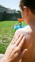 Man applying sunscreen lotion to shoulder in backyard during summer, protecting skin from UV rays while children play outdoors with toys and garden hose.