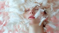 Dreamy feminine portrait with soft white feathers framing face against pink background, creating ethereal and romantic atmosphere for beauty and fashion concepts.
