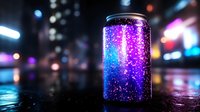 Glowing aluminum can with vibrant purple and blue liquid against dark urban nightscape background, reflecting neon lights and bokeh effects on wet surface.