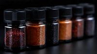 Row of glass spice jars with black caps containing various colorful spices and seasonings arranged on dark surface for culinary cooking and food preparation.