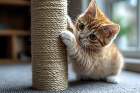Playful ginger and white kitten peeking around a rope-wrapped scratching post, curious expression, indoor home setting with blurred background.