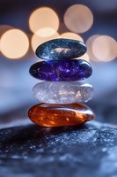 Stacked colorful healing crystals with bokeh lights background, featuring cosmic galaxy, amethyst, clear quartz and amber stones in zen balance arrangement.