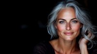 Confident mature woman with silver gray hair and natural makeup smiling at camera against dark background, showing beauty in aging gracefully.