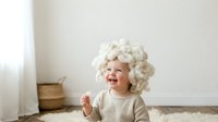 Young child with fair skin and blonde curly hair wearing beige clothing, smiling and laughing indoors. Suitable for parenting, childcare, family lifestyle, and developmental content.
