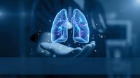 Human hand holding glowing blue lungs hologram with digital particles in medical technology concept for healthcare innovation and respiratory system care.