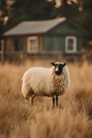 Sheep with black face and legs standing in dry golden pasture field with rustic farmhouse and trees in soft focus background. Farm animal portrait.