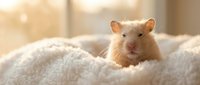 Adorable white pet rat nestled in soft fluffy blanket with warm golden sunlight creating cozy atmosphere for small animal care and companionship content.