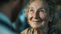 Elderly Caucasian woman with gray curly hair smiling warmly, showing wisdom and life experience in soft natural lighting for healthcare and aging concepts.