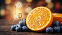 Fresh orange slice and blueberries with vitamin D molecular structure overlay on wooden surface for healthy nutrition and supplement concepts.