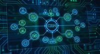 Digital CRM customer relationship management system with glowing network icons on futuristic circuit board background for business technology solutions.
