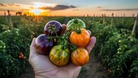 Fresh heirloom tomatoes in farmer hand at sunset in organic vegetable garden. Harvest season concept for healthy eating and sustainable agriculture.
