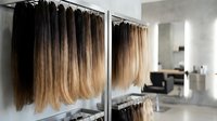 Professional hair extension samples hanging on display racks in modern beauty salon showing various blonde and brunette color gradients for styling services.