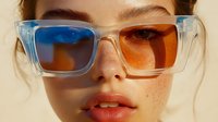 Young woman wearing transparent frame glasses with different colored lenses, red lips and freckles on warm sunlit background, fashion portrait closeup.