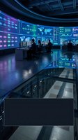 Modern command center with multiple screens displaying data analytics and world maps. Operators monitor systems in futuristic control room with curved displays.