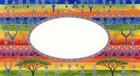 African savanna landscape with acacia trees, wildlife silhouettes, and tribal geometric patterns in vibrant rainbow colors. Isolated oval frame on white background, ready for design use.