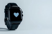 Modern black smartwatch displaying blue heart icon on screen against minimal light background, highlighting health and fitness tracking functionality.